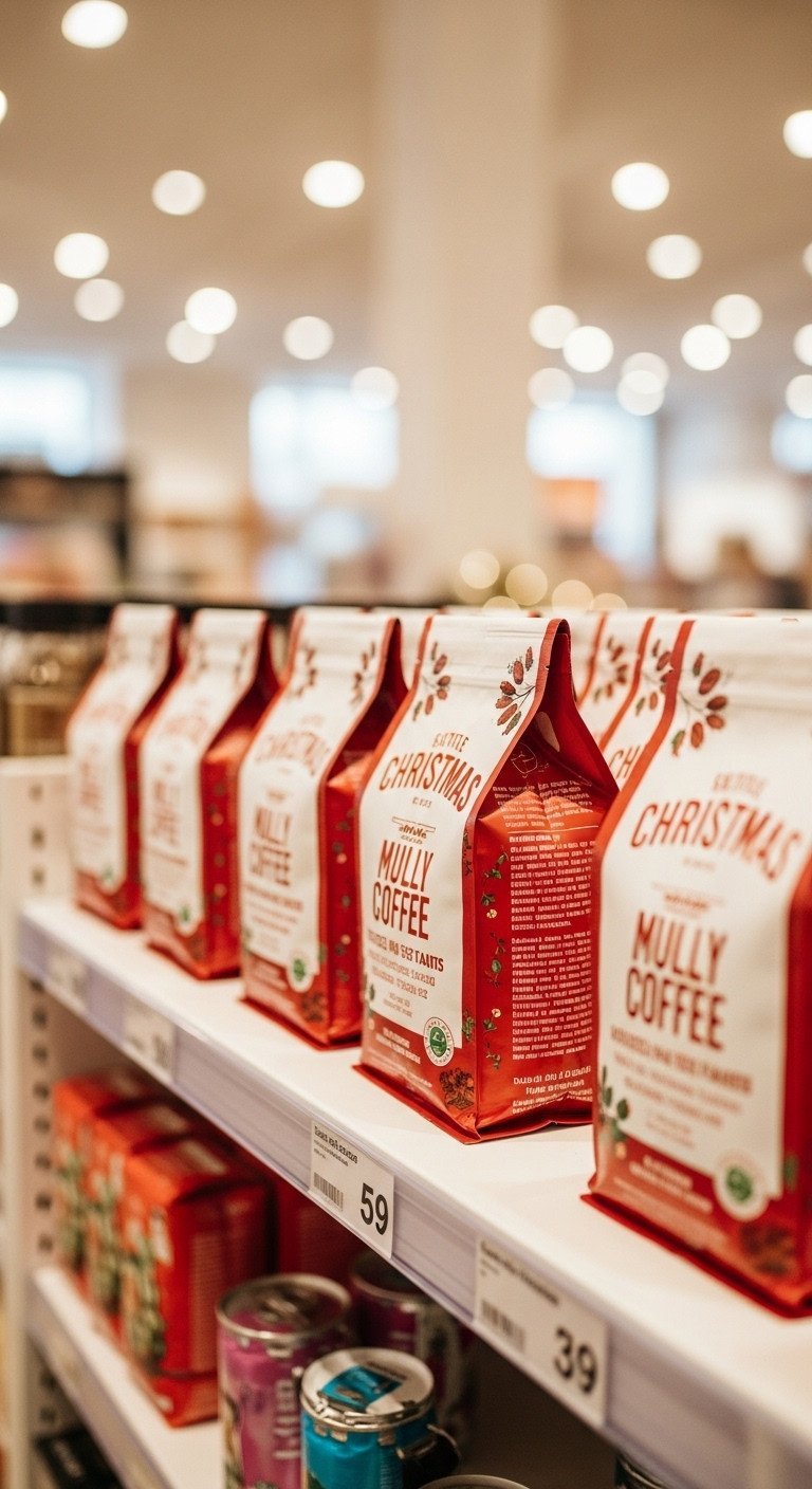 Vibrant stand-up Christmas coffee pouches with bold patterns in red and white, on a brightly lit retail shelf display.