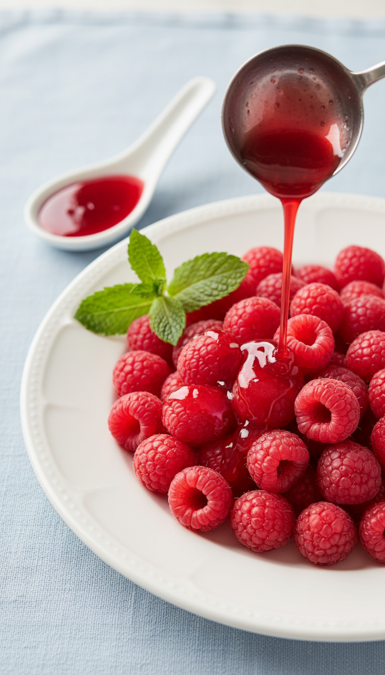 Homemade Sugar Free Coffee Syrup: 5 Easy & Healthy Recipes 8 Vibrant sugar-free raspberry syrup poured over fresh raspberries on a white plate with mint, a healthy dessert.