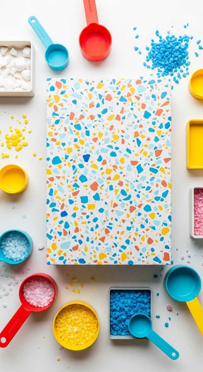 Vibrant terrazzo concrete coffee table top with colorful aggregates and a light gray matrix, showing materials.