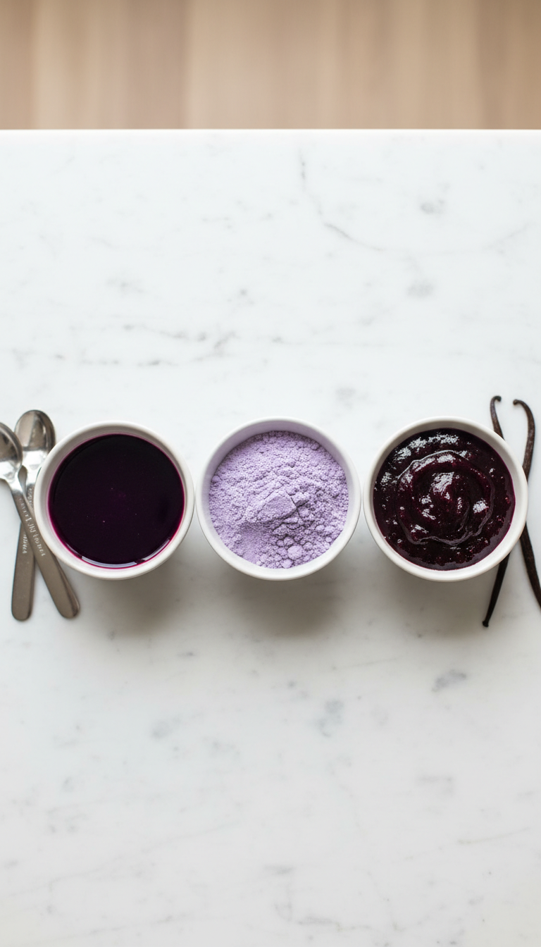 Homemade Ube Coffee Syrup: Ultimate DIY Guide 1 Vibrant ube extract, ube powder, ube halaya bowls on marble. Flat lay with vanilla bean & spoons. Essential ube recipe ingredients.