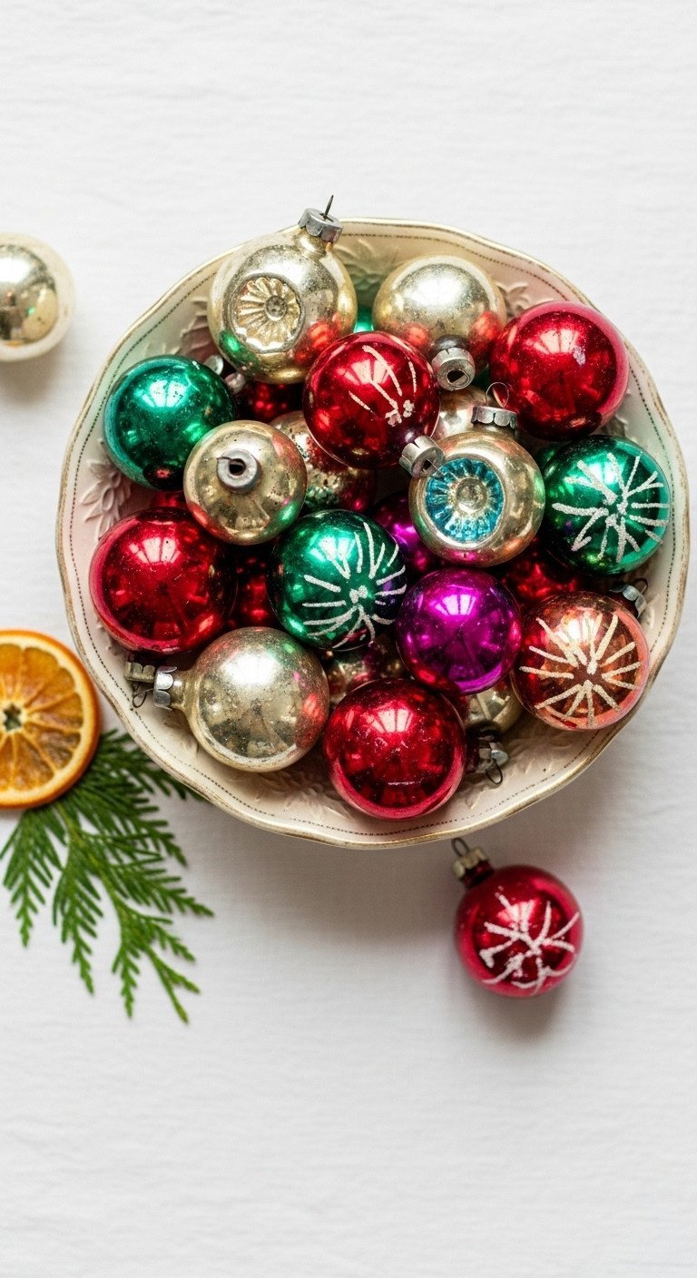Style Your Coffee Table With 9 Vintage Christmas Decor Hacks 3 Vibrant vintage Christmas glass ornaments in a shallow antique ceramic bowl, spilling onto a white linen tablecloth with cedar and dried orange slices.