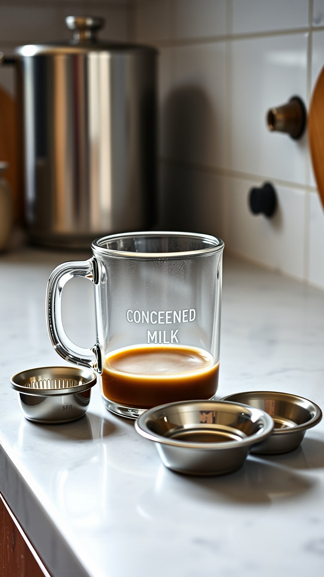 Vietnamese coffee brewing station with a glass mug of condensed milk and a stainless steel phin filter on a marble countertop.