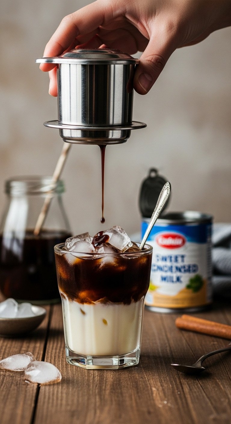 11 Iced Coffee Recipes And Secret Fixes For Watery Coffee 13 Vietnamese iced coffee layered over condensed milk and ice, with Phin filter, on a rustic wooden table.