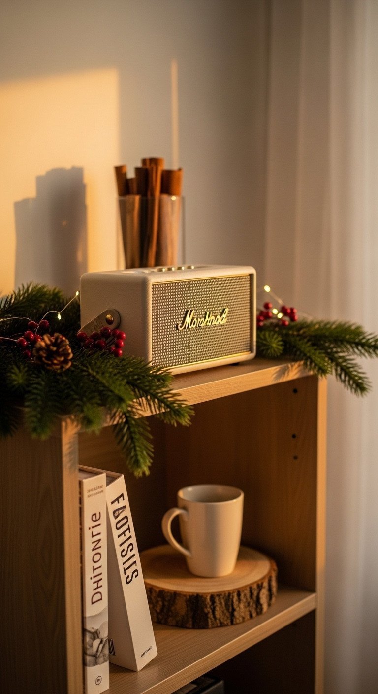 7 Easy Christmas Coffee Party Ideas for a Stress-Free Holiday 9 Vintage Bluetooth speaker on a wooden shelf with pine sprigs. Cozy Christmas party atmosphere, warm golden light, festive background music.