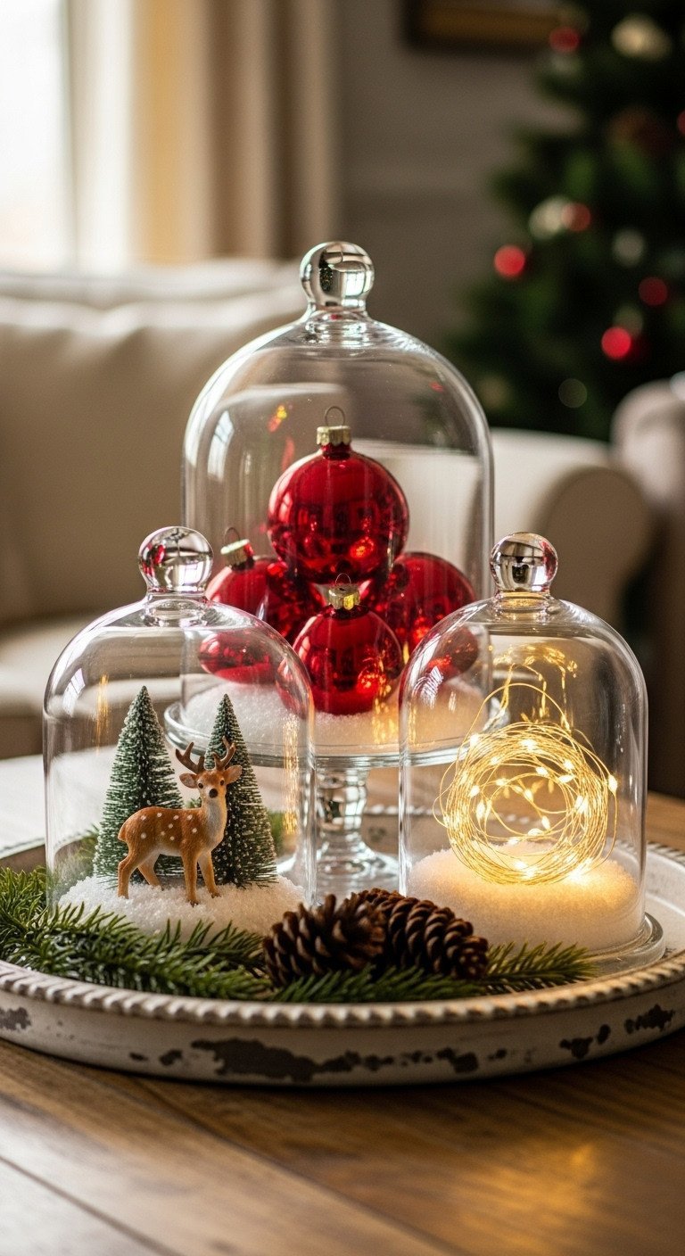 Style Your Coffee Table With 9 Vintage Christmas Decor Hacks 1 Vintage Christmas decor with three glass cloches: deer, red mercury ornaments, fairy lights, on a rustic wooden table with pinecones, bathed in warm golden light.