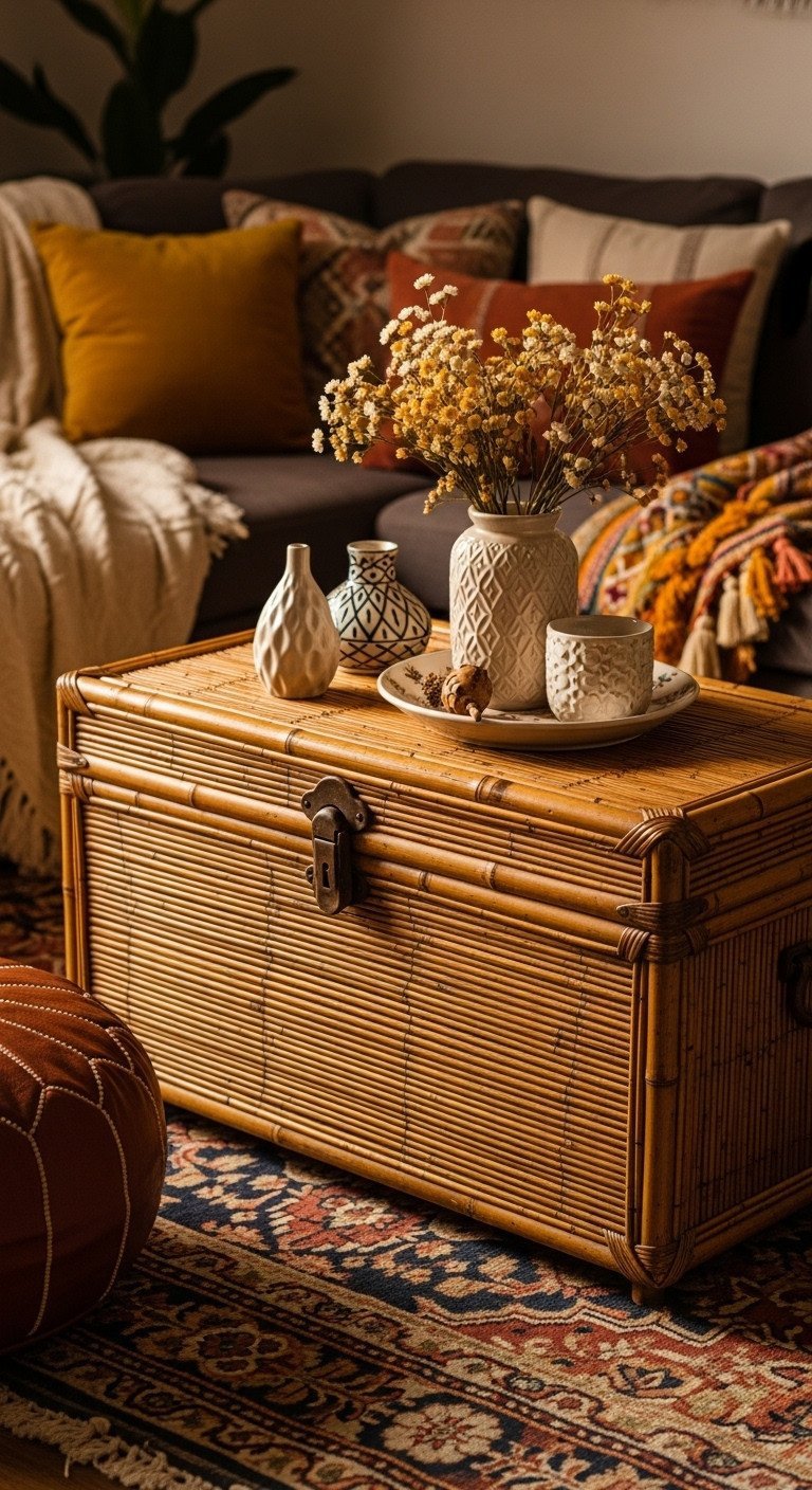 Vintage bamboo rattan trunk coffee table, repurposed storage, styled with global finds in vibrant bohemian interior.