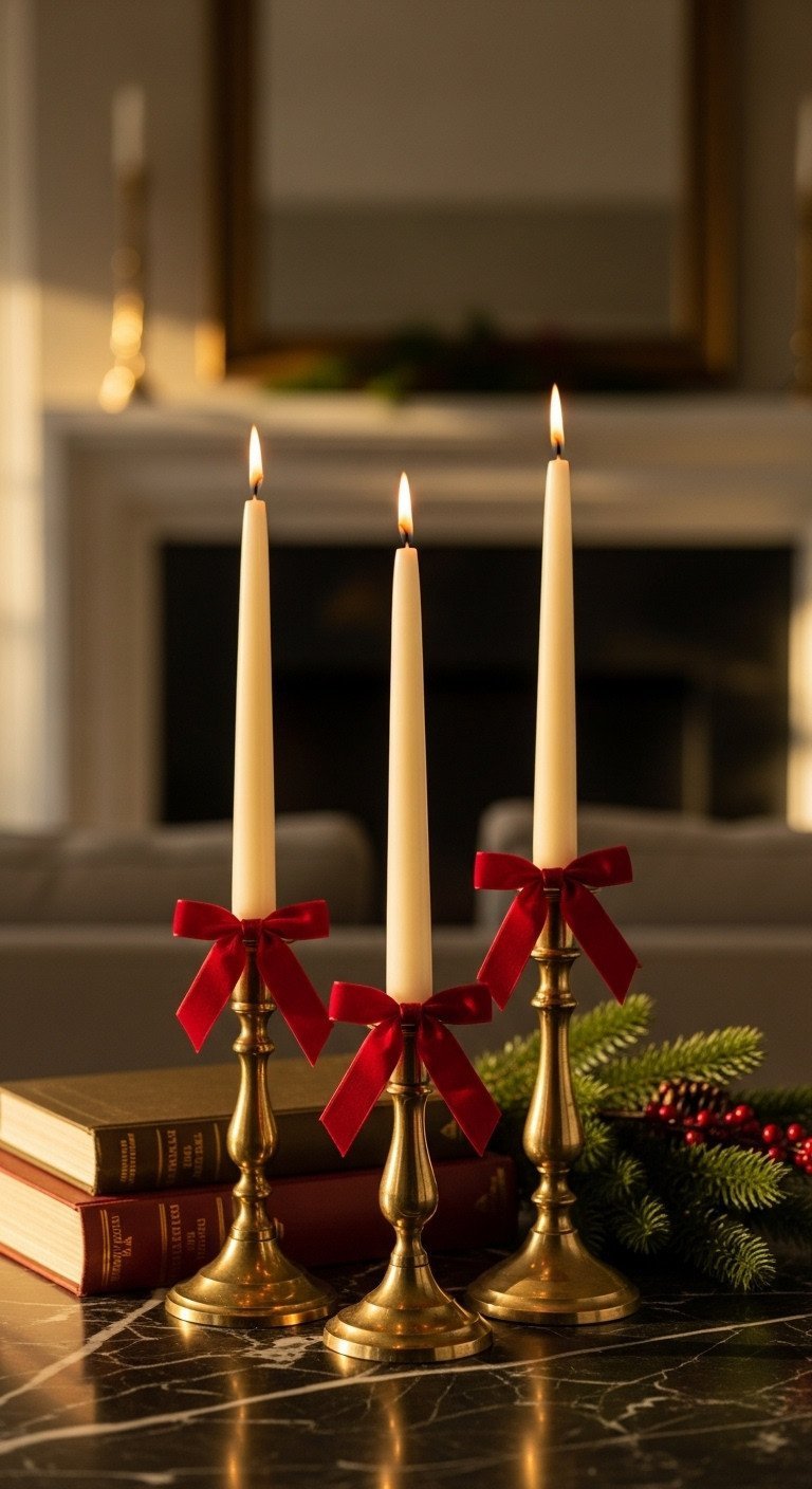 Vintage brass candlesticks with cream tapers, red velvet bows, on marble with decorative books and festive evergreen.