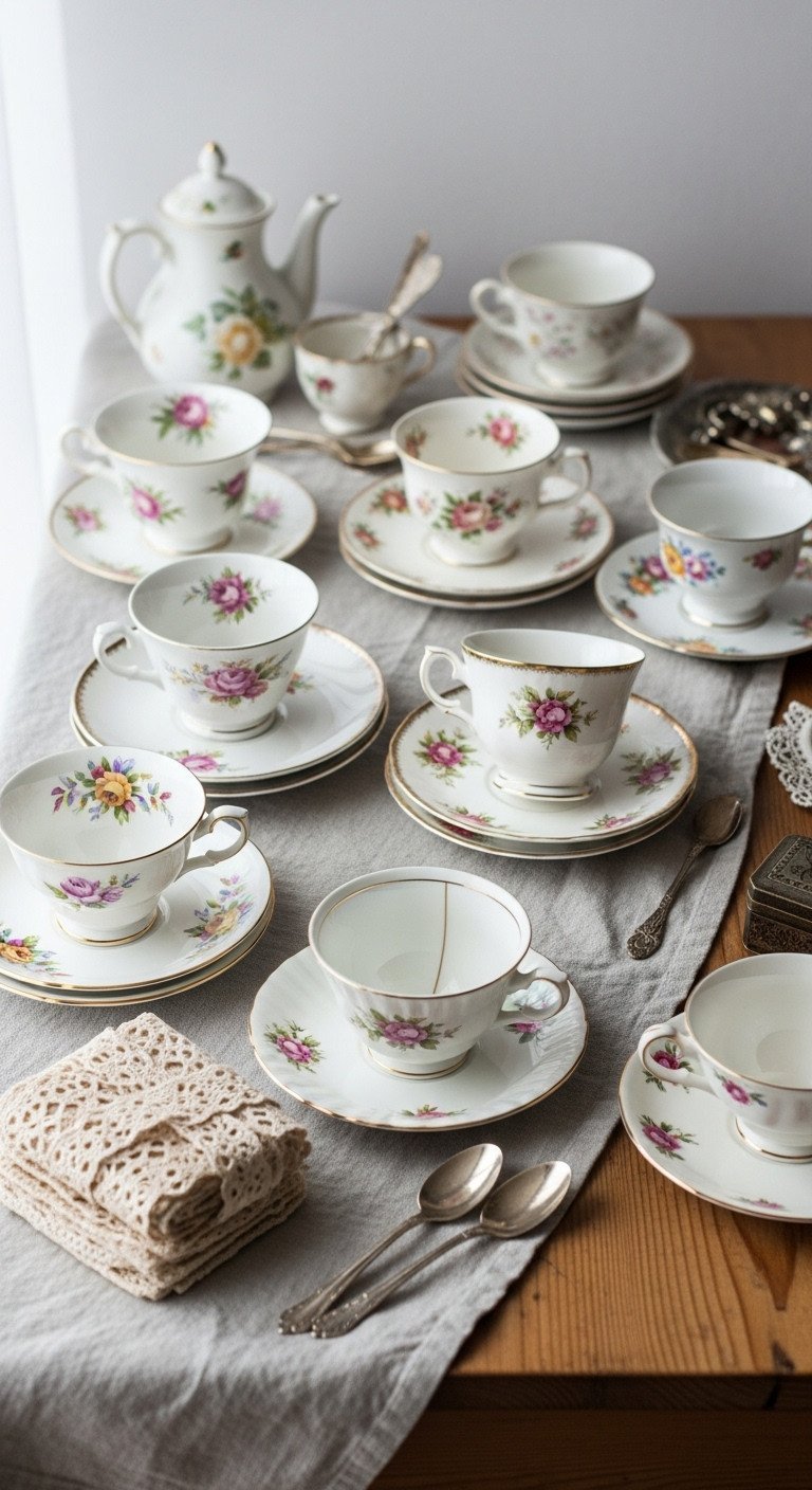 Teacup Chandelier DIY Secrets Wiring Safety And Porcelain Drilling 1 Vintage floral bone china teacup collection flat lay on linen, showcasing delicate patterns and one chipped cup for shabby chic decor.
