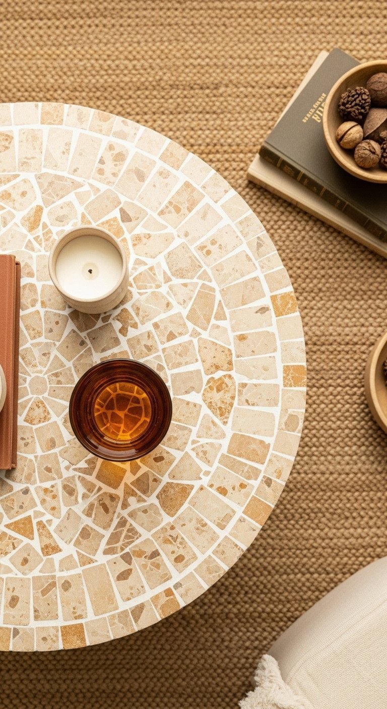 Unique Stone Coffee Table Designs To Transform Any Living Space 9 Vintage fossil stone tessellated coffee table, intricate texture, embedded fossils, on a jute rug, warm cream & terracotta tones.