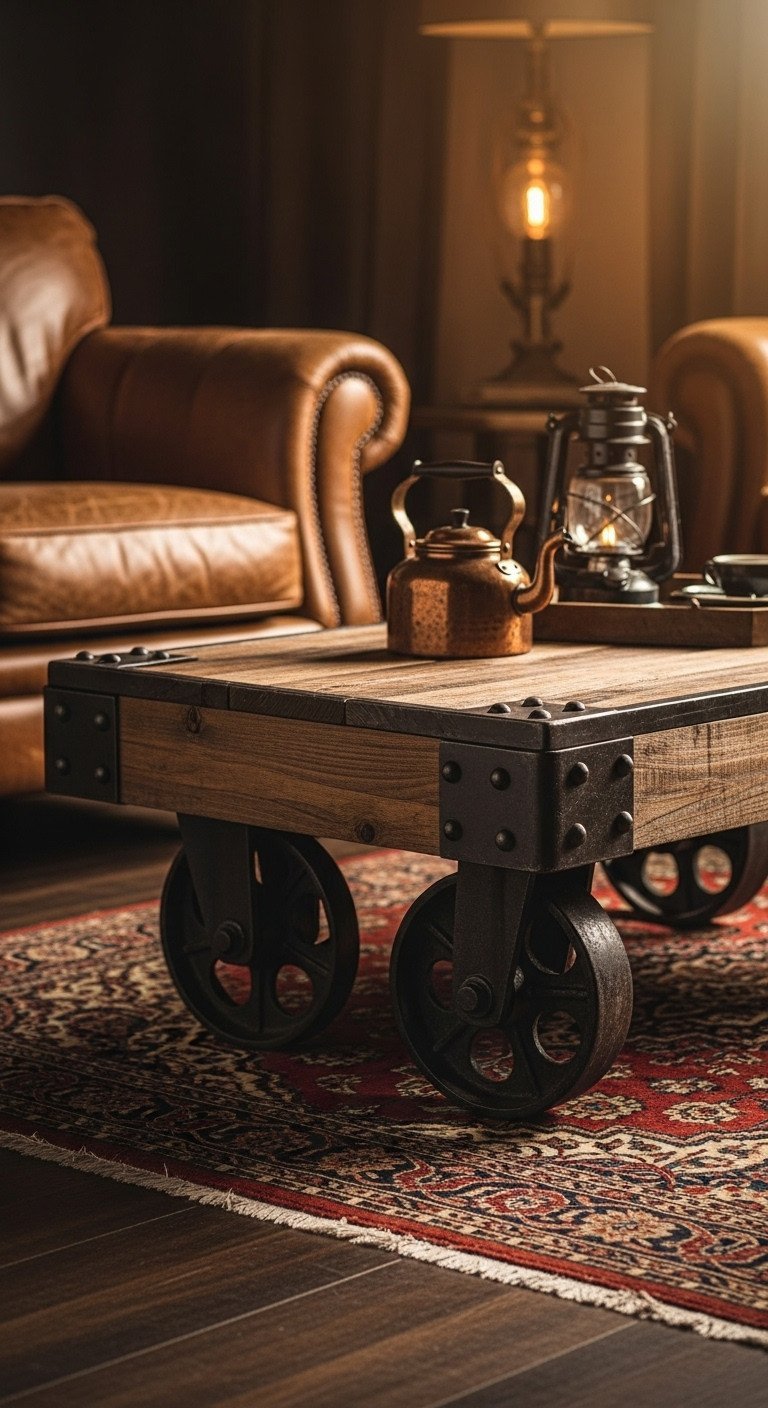 Vintage industrial coffee table, factory cart style, with salvaged wood top, metal wheels, rivet details, cozy living room.