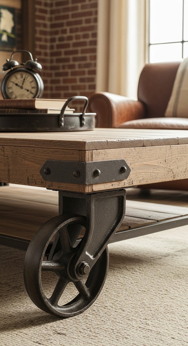 Vintage industrial coffee table, reclaimed wood top, iron casters. Distressed wood grain, worn metal in a rustic living room.