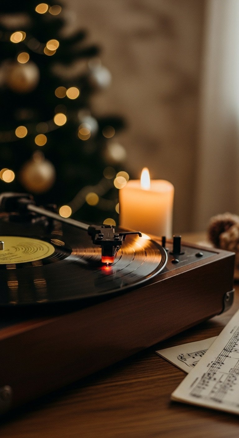 Vintage record player playing vinyl, softly lit by candlelight, with glowing needle, blurred Christmas tree, warm ambience.