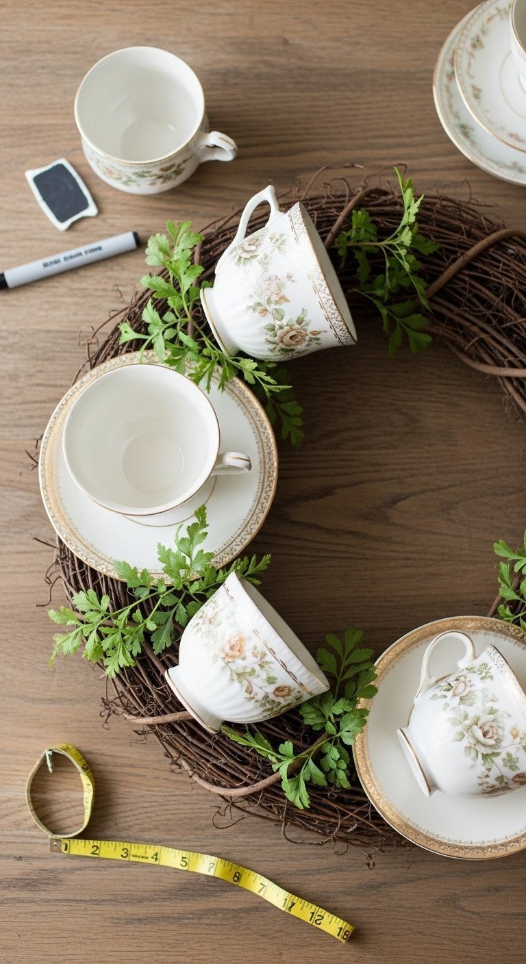 Teacup Wreath Tutorial for Permanent Vintage China Decor 3 Vintage teacups and saucers artfully arranged on a dark grapevine wreath base on a rustic wooden table for DIY wreath assembly.