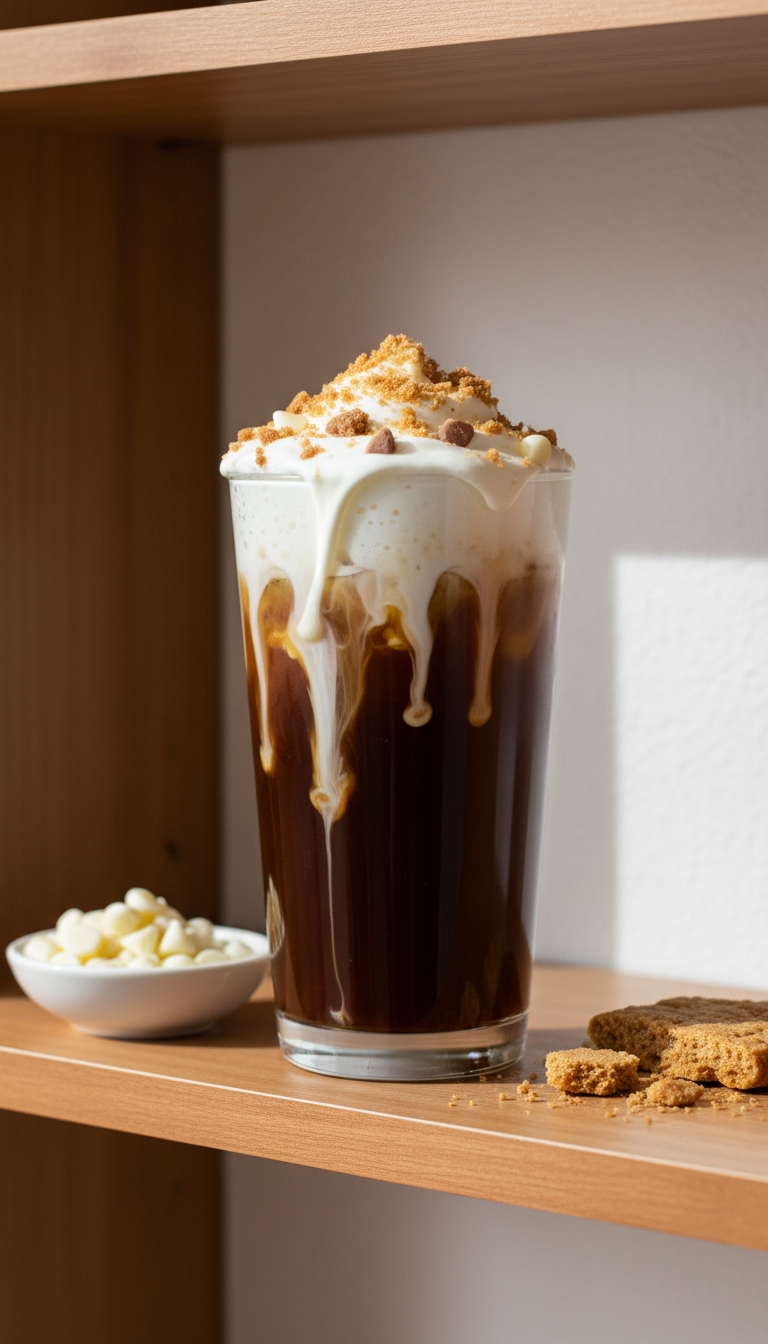 Viral Toasted White Chocolate & Cookie Hack iced coffee, with white chocolate drizzle, creamy foam, and cookie crumbles.