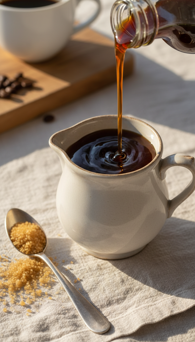Delicious Homemade Maple Coffee Syrup 5 Best Flavors 7 Viscous Rich Maple Brown Sugar Coffee Syrup in vintage ceramic creamer pitcher on linen, warm golden light, homey.