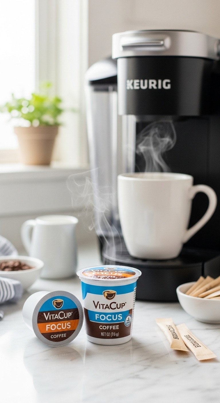 VitaCup Focus Coffee K-cup next to a steaming, freshly brewed cup on a marble counter with creamer and sugar.