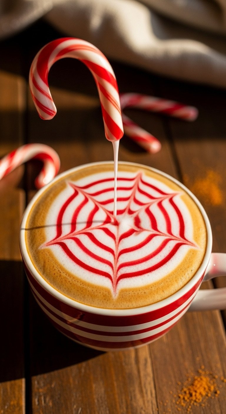 Vivid Candy Cane Swirl latte art with red syrup in thick white foam, striped mug on wooden table, golden hour light.