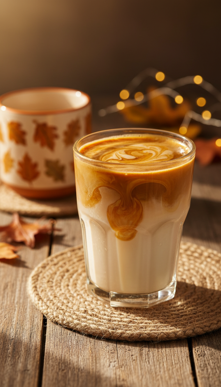 Best Dunkin Iced Macchiato Order: 7 Custom Hacks 7 Vivid seasonal iced macchiato, flavor swirl in milk. Festive cup on rustic wood, blurred fall decor. Cozy golden hour light.
