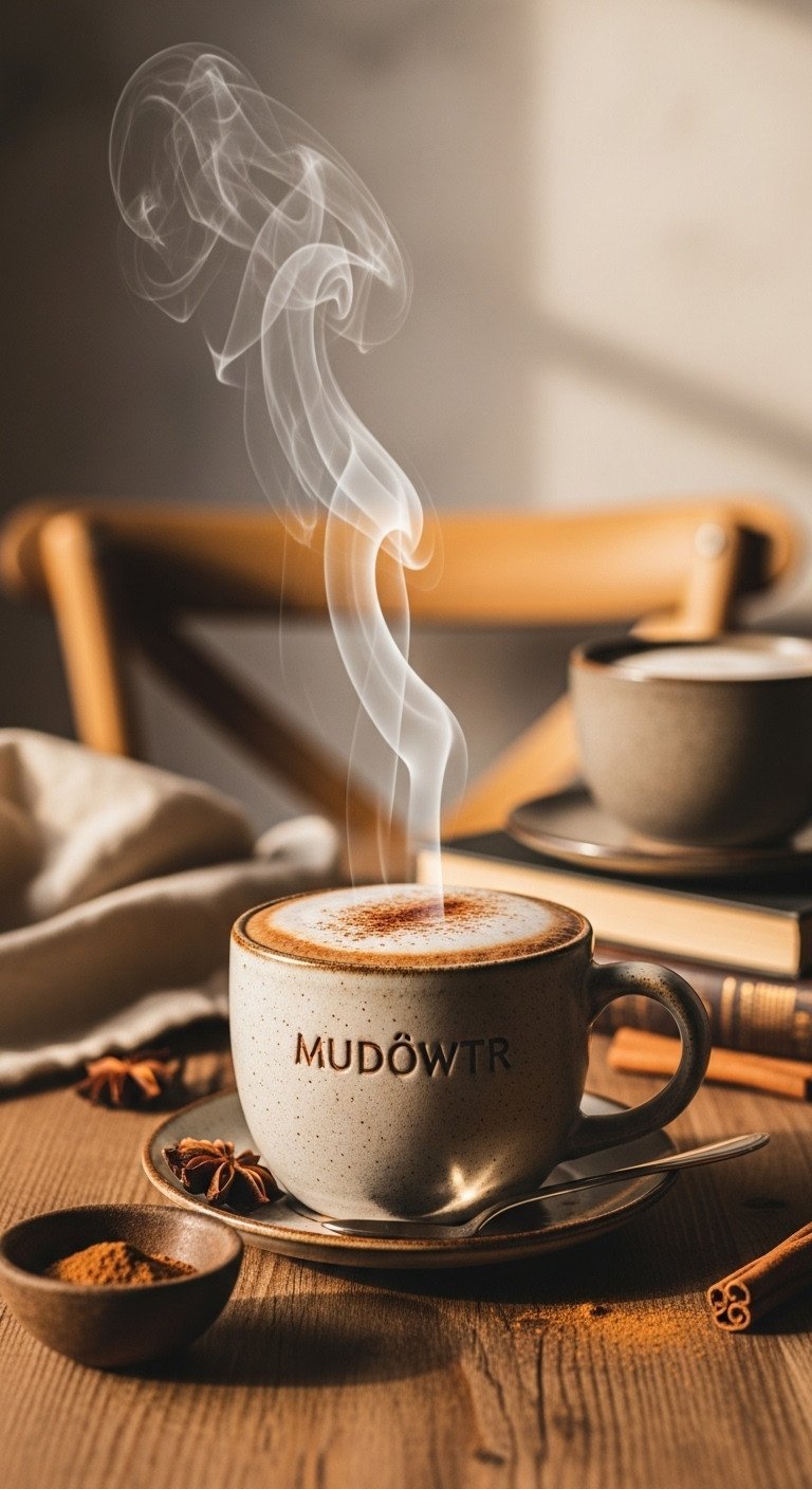 Warm MUDWTR with frothed milk in a rustic ceramic mug, steaming on a wooden table with cinnamon and a book. Cozy alternative.