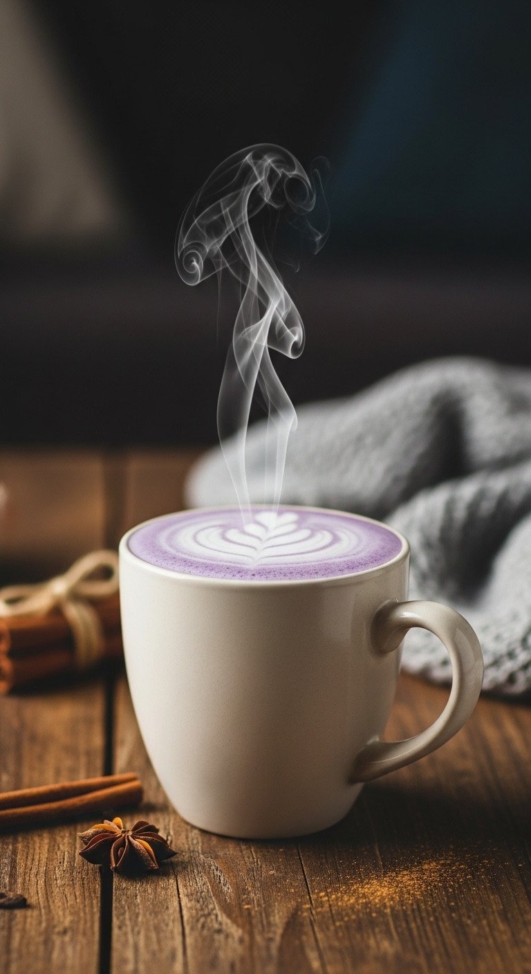 Iced Ube Latte Master Recipe For Vibrant Color And Creaminess 15 Warm Ube Latte in ceramic mug with steam, foam, cinnamon sticks, cozy knit blanket on rustic wood.