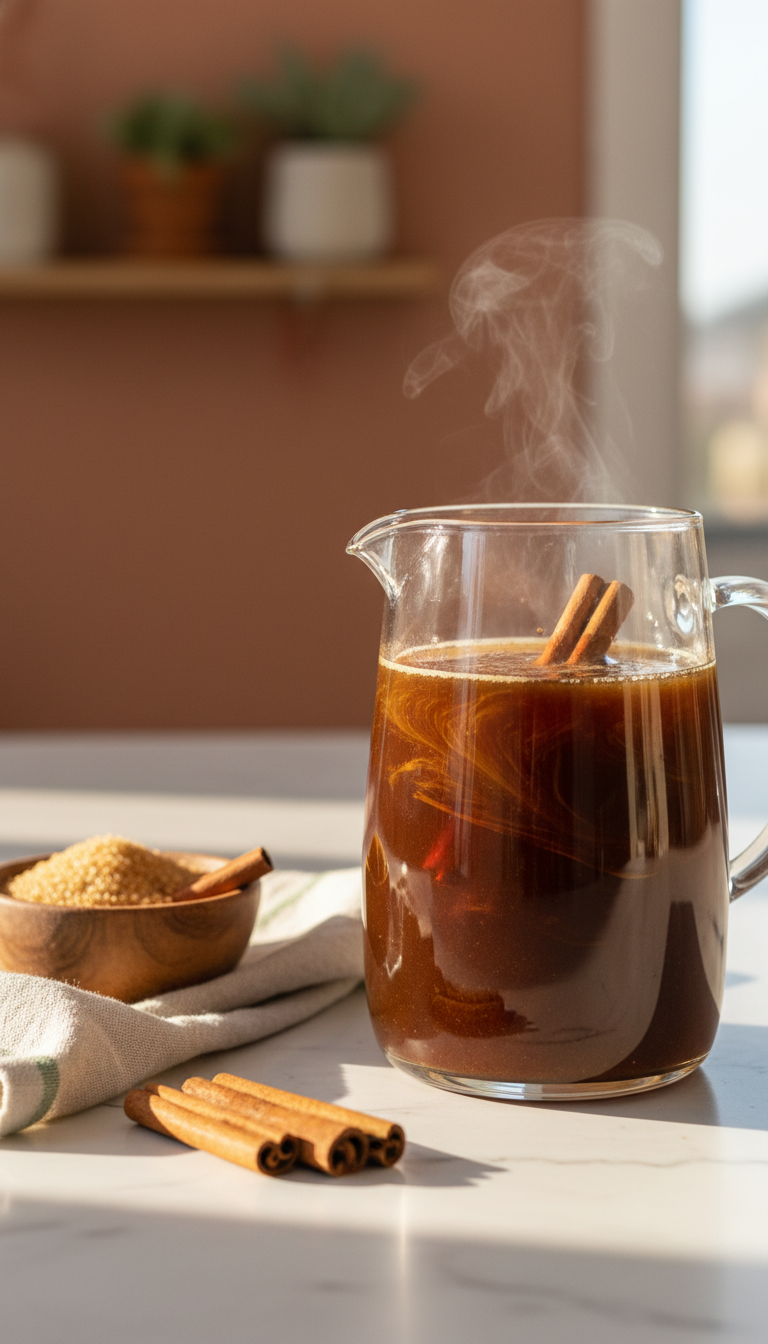 Homemade Shelf Stable Coffee Syrup Ultimate Guide No Refrigeration 7 Warm brown sugar cinnamon syrup swirled in a glass pitcher with steam and cinnamon sticks on marble countertop.