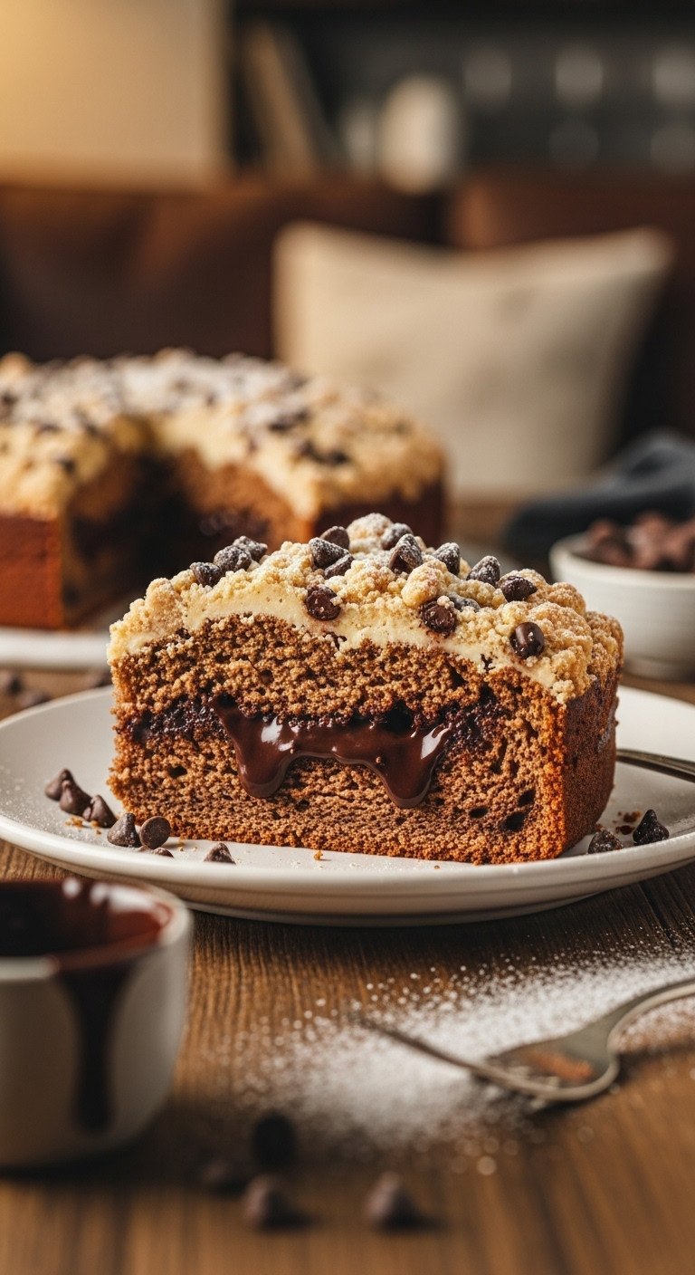 Best Moist Christmas Coffee Cake for a Perfect Holiday 13 Warm chocolate chip streusel coffee cake slice with melted chips, buttery streusel, on rustic wood.