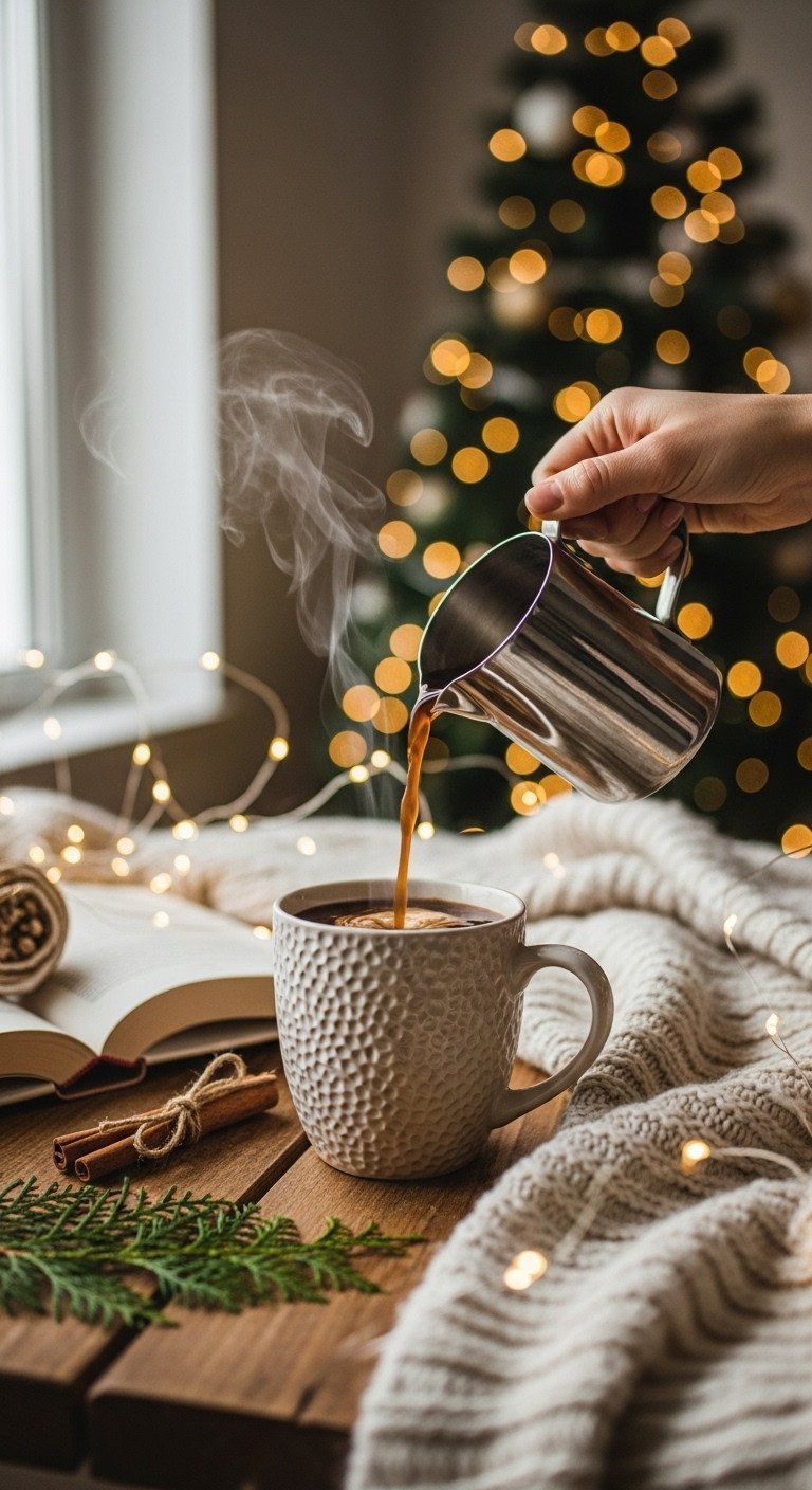 Warm coffee pours into a textured Christmas mug with rising steam, set against blurred fairy lights and a chunky knit blanket. Cozy morning scene.