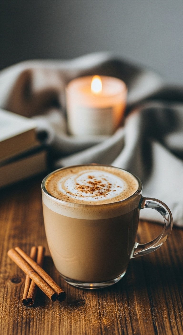 Master Adaptogen Tea The Essential Guide to Blends and Dosage 15 Warm, creamy Ashwagandha latte with cinnamon foam in a clear glass mug on a rustic wooden table, cozy before bed.
