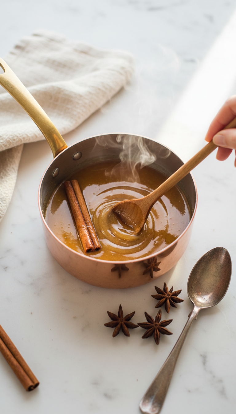 Homemade Honey Coffee Syrup: The Ultimate Easy Recipe 5 Warm golden honey cinnamon syrup stirred in a copper saucepan with cinnamon sticks and steam, on a marble counter. Homemade spiced syrup.