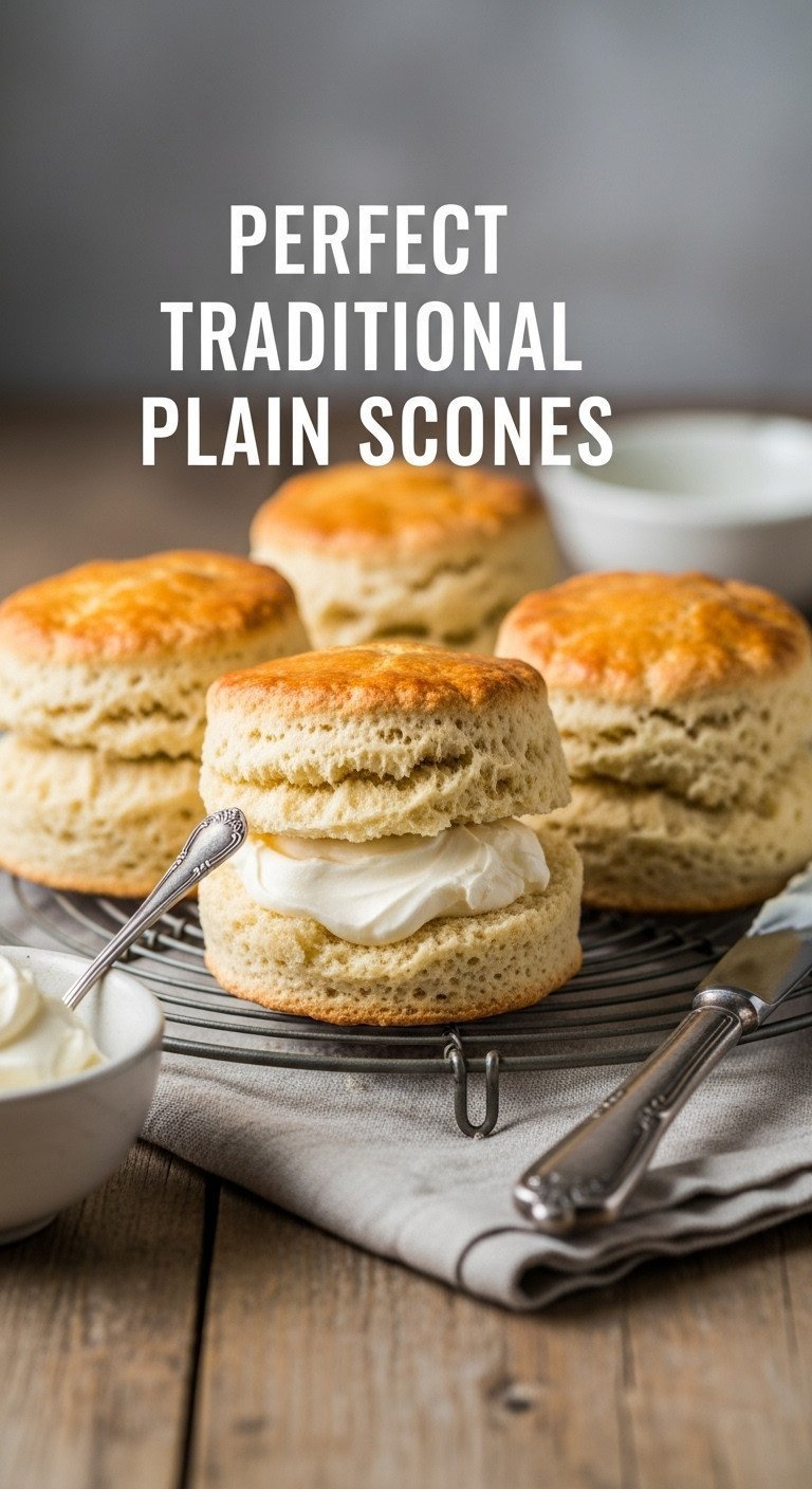 Warm, golden traditional plain scones with a flaky interior, served on a wire rack with clotted cream for afternoon tea.