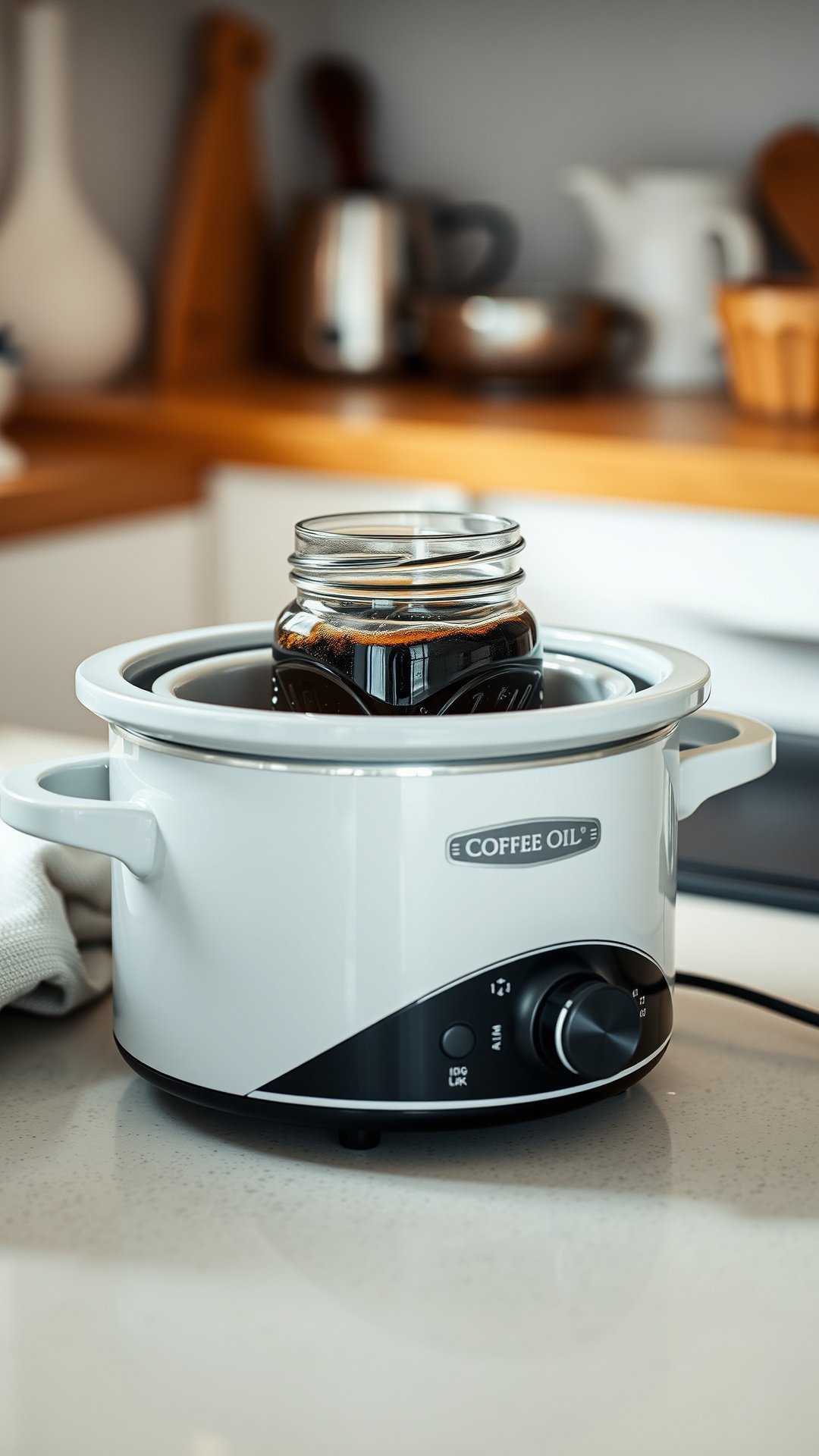 How To Make Coffee Oil At Home For Naturally Glowing Skin 7 Warm infusion method: A mason jar of coffee and oil gently heats inside a white ceramic slow cooker on a kitchen counter.