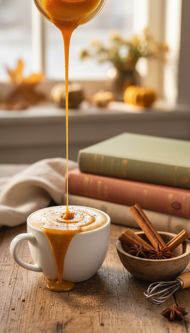 Homemade Stevia Coffee Syrup Easy Sugar-Free Recipe 5 Warm keto pumpkin spice stevia syrup drizzled on creamy latte, cinnamon sticks, star anise, nutmeg on rustic wood, autumn decor.