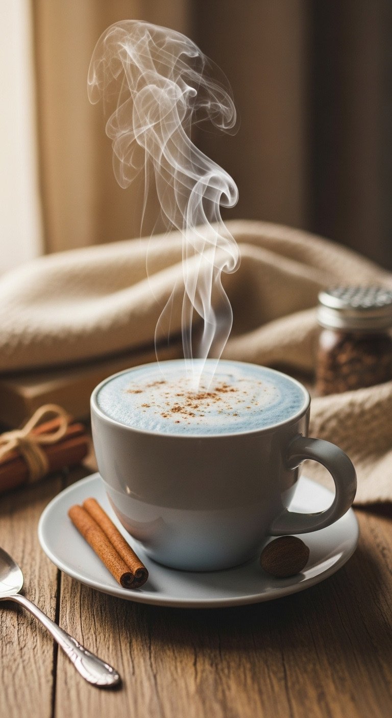 Blue Milk Tea Recipe And Secrets For Perfect Boba 15 Warm light blue moon milk latte in an elegant ceramic mug with nutmeg dusting, steam rising, on a rustic table.