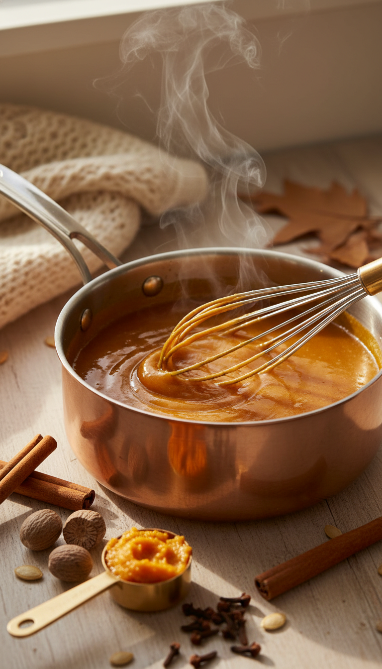 Homemade Coffee Syrup Flavors: 11 Easy Recipes to Master 9 Warm pumpkin spice syrup is whisked in a saucepan, fragrant steam rising, surrounded by autumn spices on a wooden counter.
