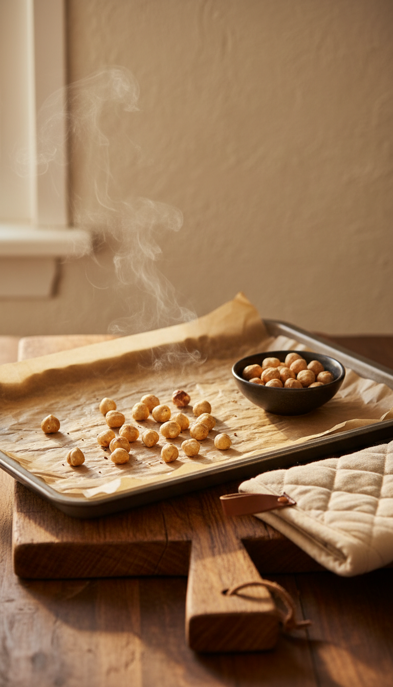 Warm roasted hazelnuts steaming on parchment paper and a baking sheet, with oven mitt on a wooden board. Homey kitchen.