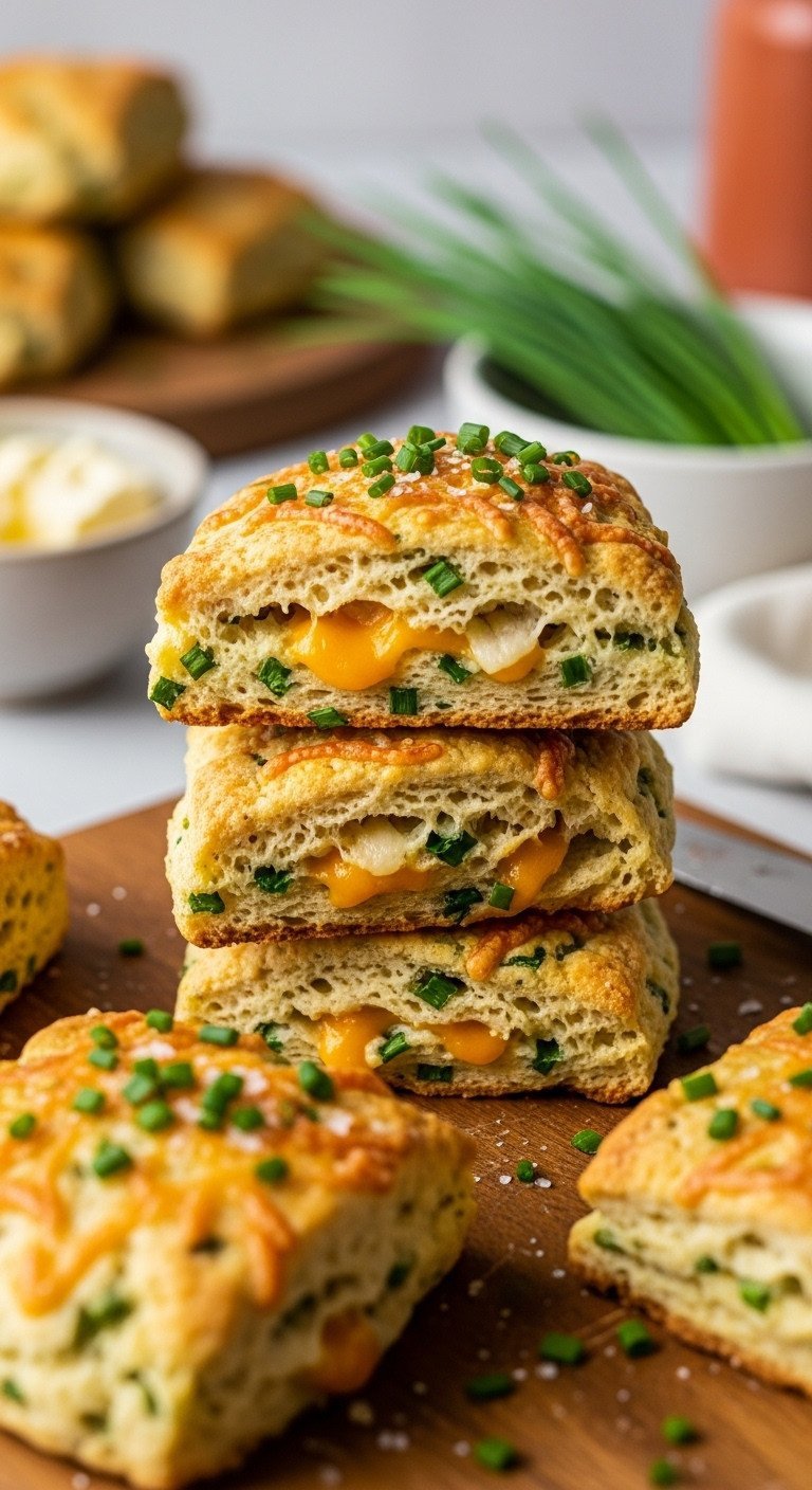 Warm, savory cheddar and chive scones with melted cheese & sea salt on wooden board, ideal for brunch or tea.