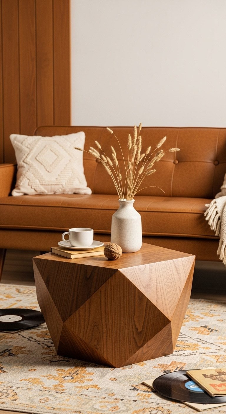 11 Genius Geometric Coffee Table Designs You Need 10 Warm walnut geometric coffee table on a patterned rug in a mid-century modern living room with vintage books and records.