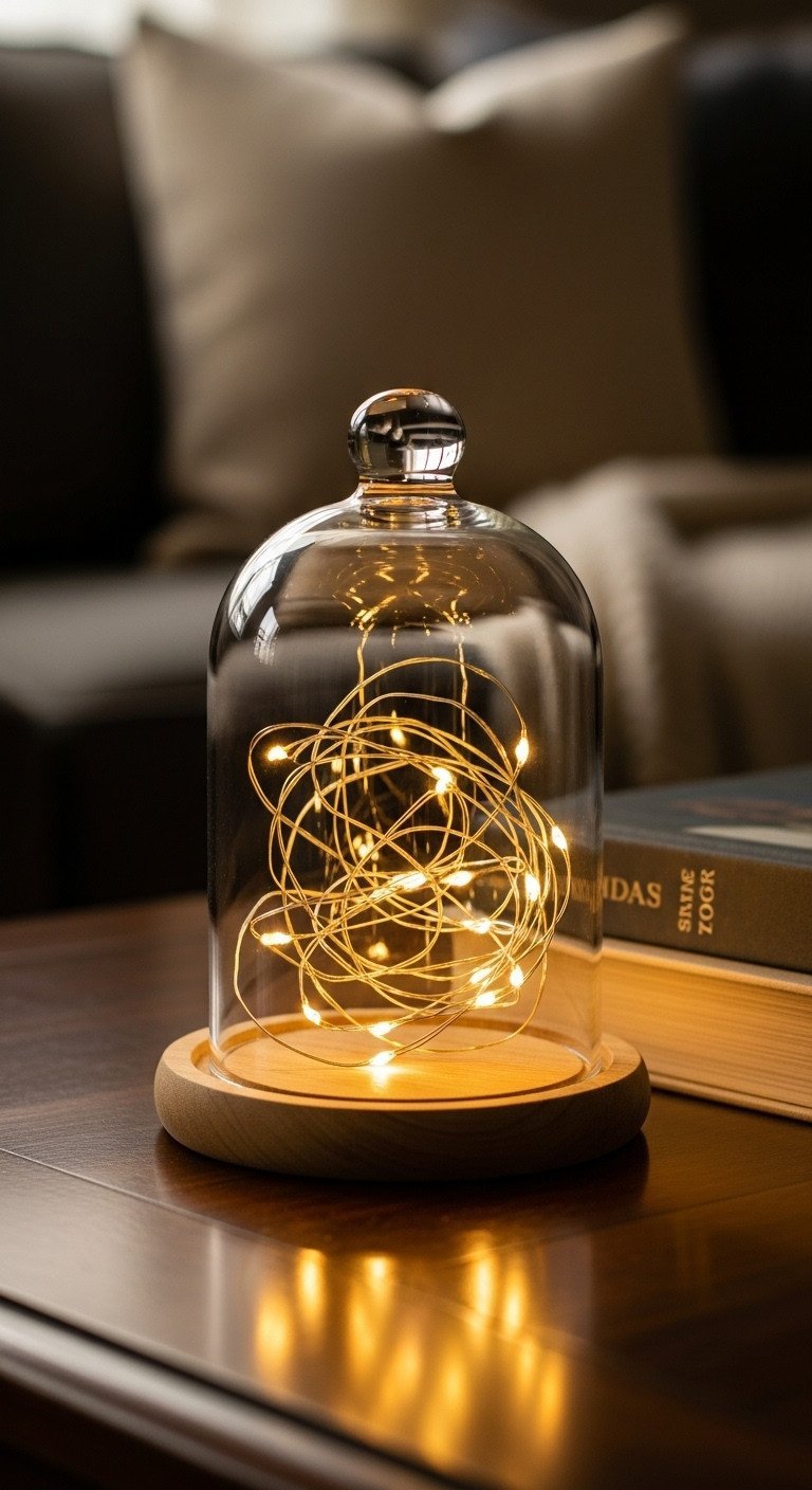 Warm white micro LED string lights coiled inside glass bell jar on dark wood coffee table next to books. Cozy.
