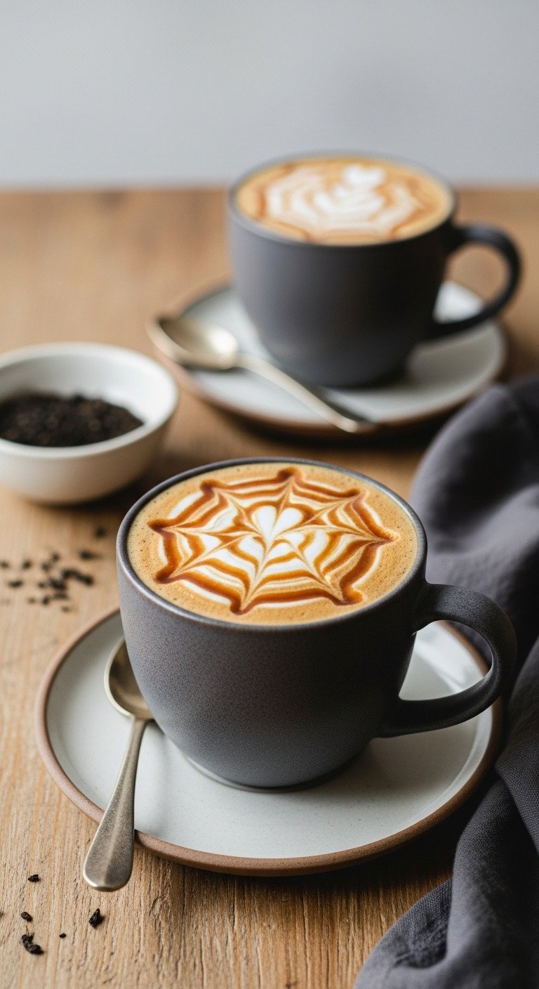 Tea Latte Recipes Ultimate Guide To Perfect Ratios And Foam 13 Warming Roasted Hojicha Caramel Latte, velvety microfoam, caramel drizzle. Hojicha leaves on rustic wood table, cozy golden light.