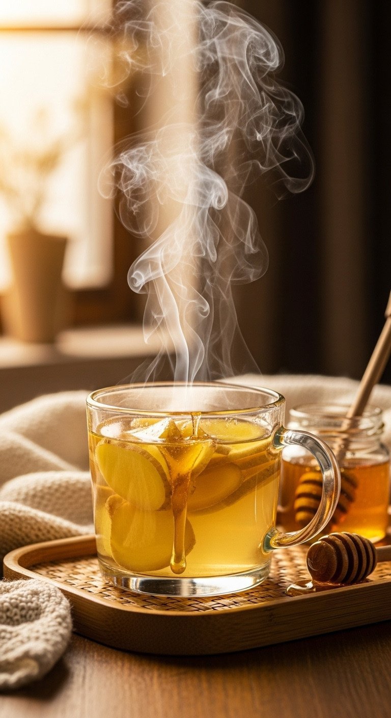 13 Perfect Green Tea Recipes Iced Matcha And No Bitterness 15 Warming ginger honey green tea in a clear glass mug with steam and ginger slices, honey drizzling, cozy healthy drink.