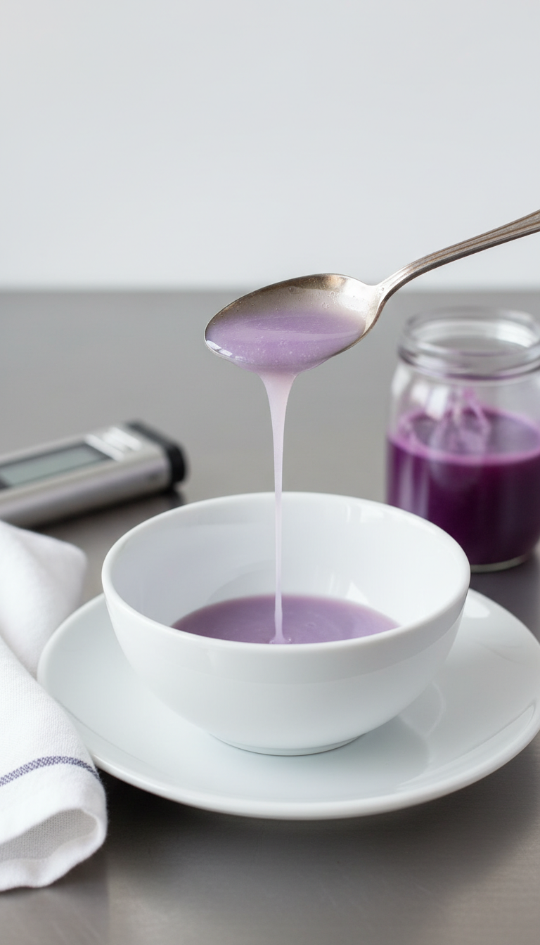 Homemade Ube Coffee Syrup: Ultimate DIY Guide 9 Watery ube syrup on spoon, thick syrup jar in background. Troubleshooting consistency. Refractometer. Homemade ube syrup recipe.