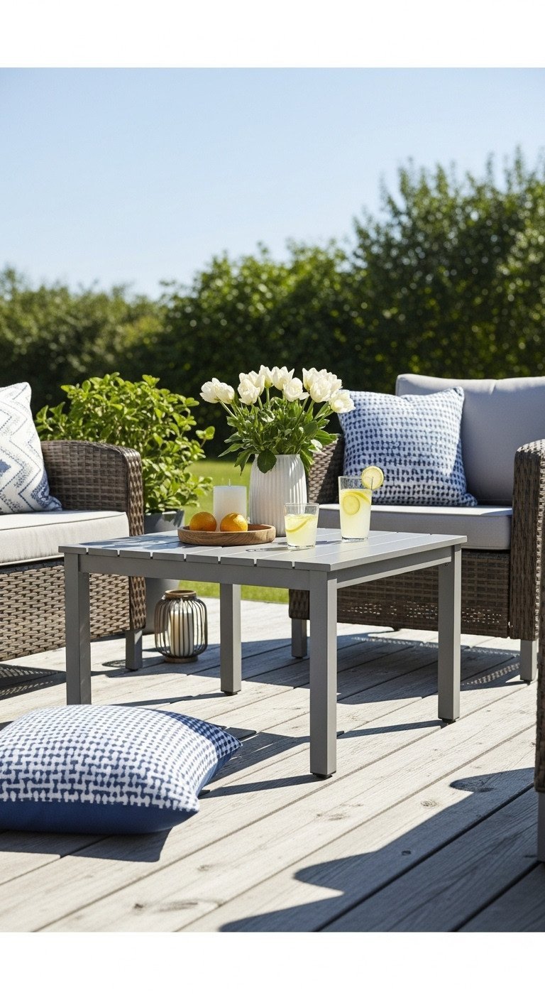 Weather-resistant aluminum outdoor coffee table on a wooden deck with wicker chairs and lush foliage.