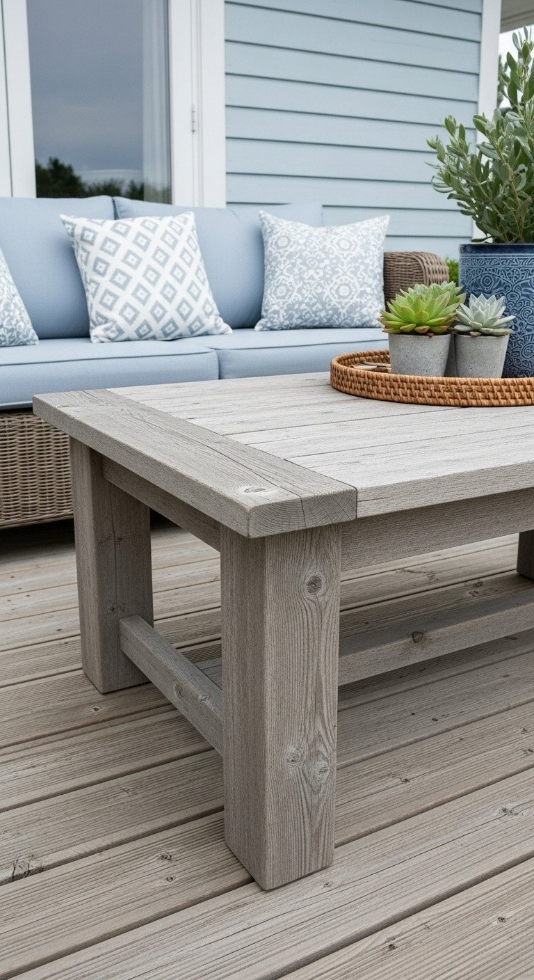 Weathered grey reclaimed wood outdoor coffee table with durable planks, robust legs for deck or patio decor.