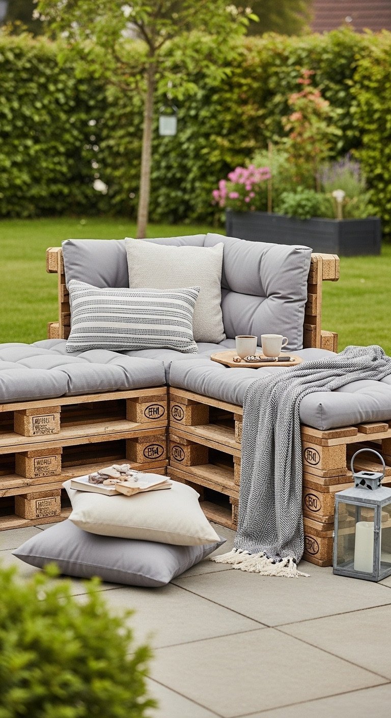 Weatherproof L-shaped modular pallet outdoor sofa, neutral cushions, reclaimed wood on stone patio with lush garden setting.