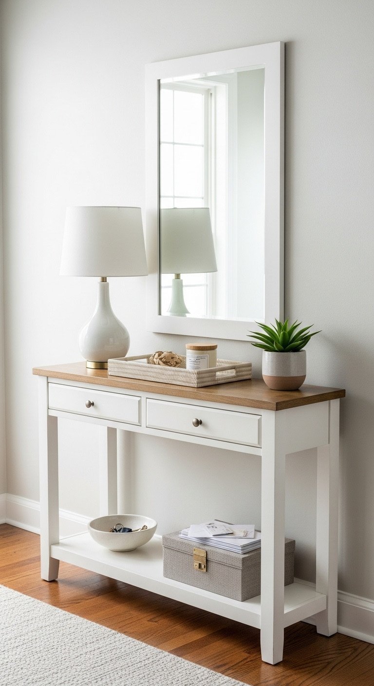 Welcoming entryway with white wooden console table, catch-all tray, lamp, narrow mirror, keys, mail, potted succulent, crisp whites, natural wood, green.