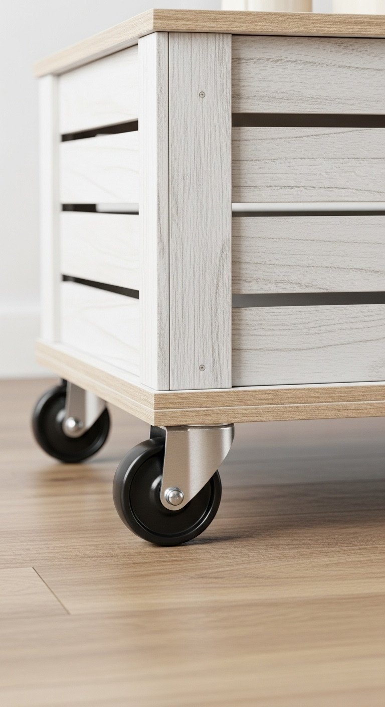 Genius DIY Crate Coffee Table Ideas For Smart Storage 3 Wheeled wooden crate coffee table bottom, highlighting heavy-duty locking industrial casters on a smooth wood floor.