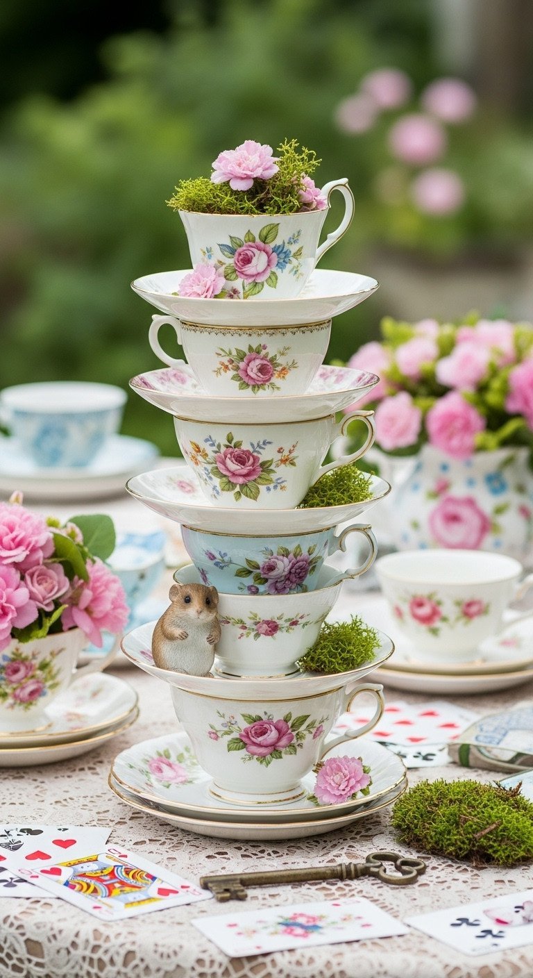 Brilliant Mad Hatter Tea Party Ideas For A Whimsical Event 1 Whimsical DIY centerpiece of a stacked vintage floral teacup tower with a dormouse peeking out on a lace tablecloth.