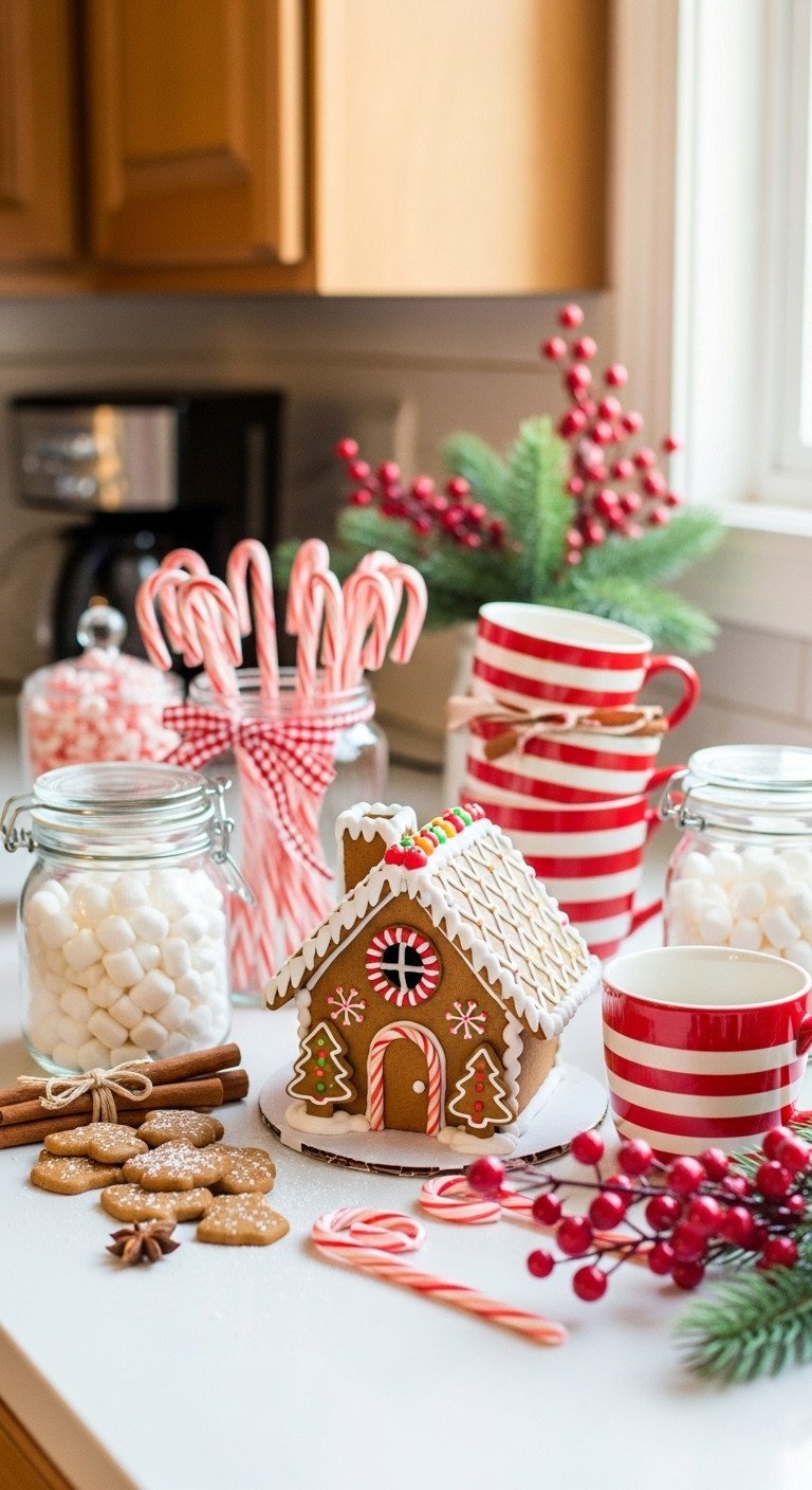 Whimsical gingerbread Christmas coffee station decor: house, candy canes, marshmallows, red striped mugs, festive accents.