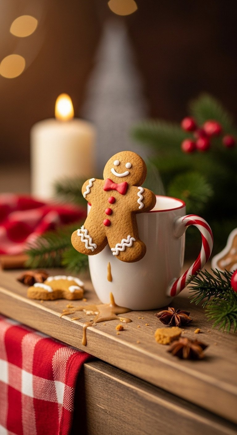 Whimsical gingerbread man cookie dipping into candy cane Christmas coffee mug, festive blurred pine background, cozy.