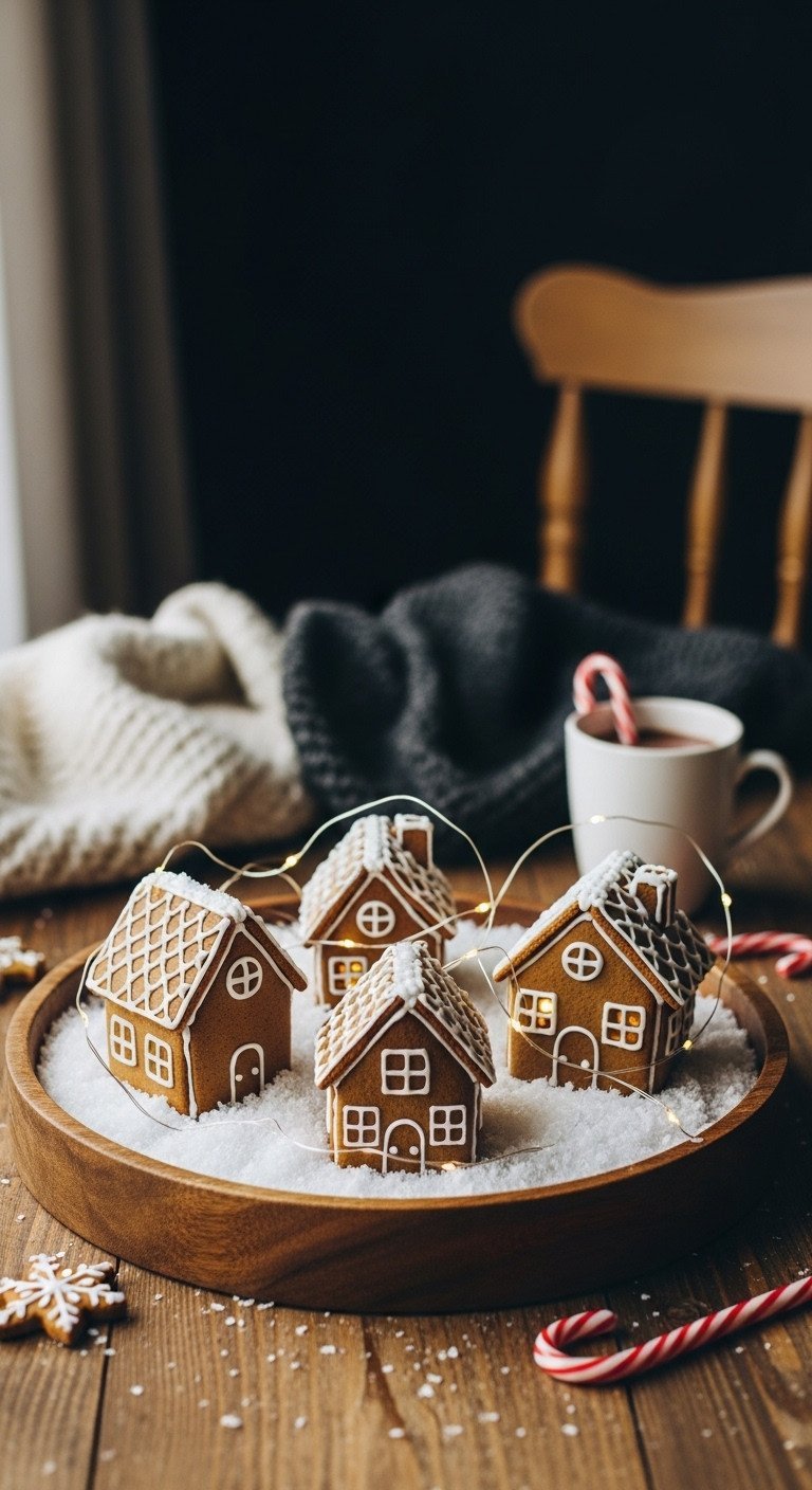 Whimsical holiday display with homemade gingerbread houses, white icing, and glowing fairy lights nestled in faux snow on a rustic tray.